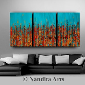 Abstract Red Blue Cityscape Painting on Canvas by Nandita 72 Skyline Art,Architecture City Painting, Modern Wall Art, Texture Artwork image 2