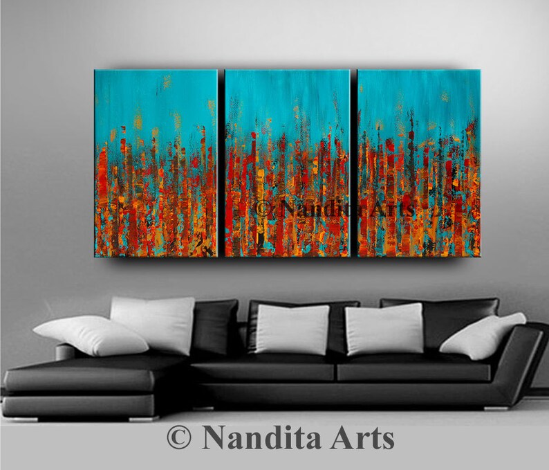 Abstract Red Blue Cityscape Painting on Canvas by Nandita 72 Skyline Art,Architecture City Painting, Modern Wall Art, Texture Artwork image 2