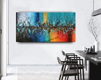 Blue Red Modern Wall Art: Jackson Pollock Style Abstract Painting by Nandita Albright