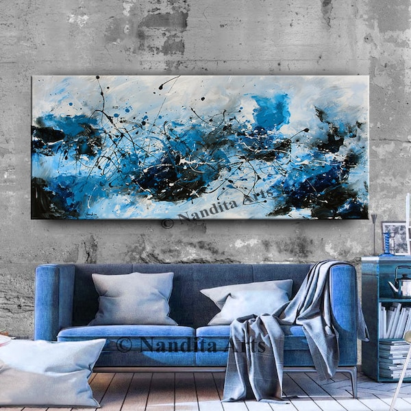 Blue Abstract Painting: Large Modern Art, Jackson Pollock Style