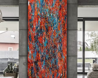 Jackson Pollock Style Abstract Painting: Red, Blue, Turquoise Wall Art by Nandita Albright