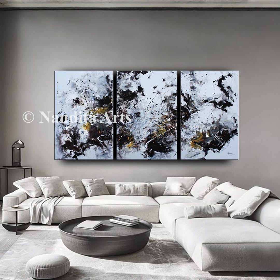 Modern Abstract Triptych Wall Art – Black, White & Gold Large 3-panel ...