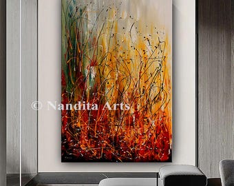 Jackson Pollock Style Abstract Painting: Red Orange Modern Wall Art