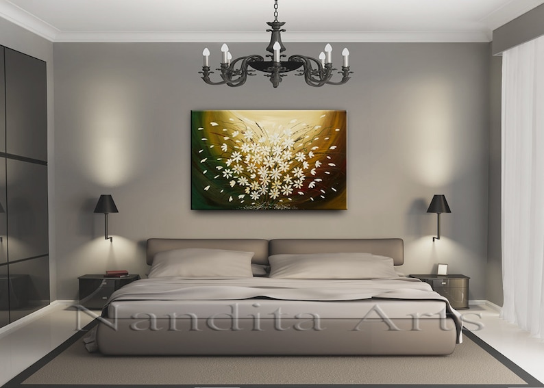 Daisy Flower Wall Art Landscape Painting on Canvas, Original Wall Art Modern Bedroom Wall Art by Nandita Albright image 4