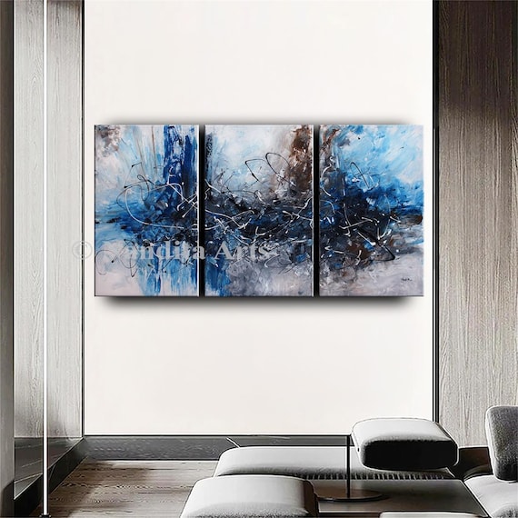 Blue Abstract Painting: Original Framed Canvas Triptych by Nandita