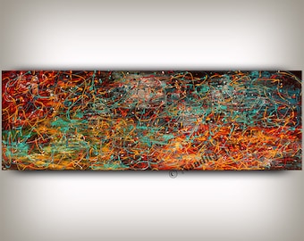 May include: Abstract painting with a mix of orange, red, yellow, blue, green, and brown paint. The paint is applied in a thick, textured style, creating a dynamic and energetic composition.