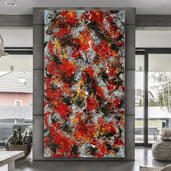 Contemporary Art Red Jackson Pollock Inspired Painting on Canvas, Unique Wall Decor, Handmade Modern Livingroom Art by Nandita