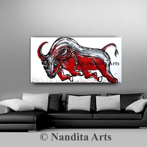 Red Bull Painting on Canvas, Animal Red Wildlife Farmhouse Decor, Handmade Acrylic Painting, by Nandita image 3