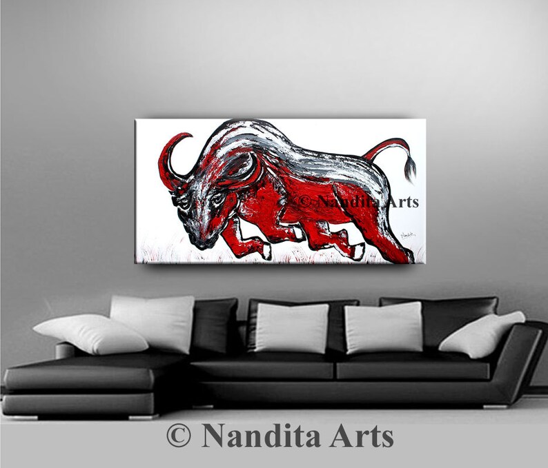 Red Bull Painting on Canvas, Animal Red Wildlife Farmhouse Decor, Handmade Acrylic Painting, by Nandita image 3