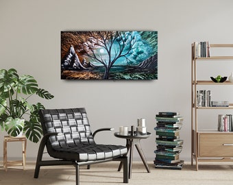 Earth Tone Tree Landscape Painting: Extra Large Hand-Painted Acrylic Triptych