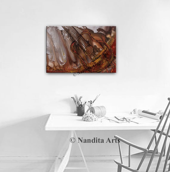 Hand-Painted Abstract Guitar Painting: Vibrant Music Art on Canvas