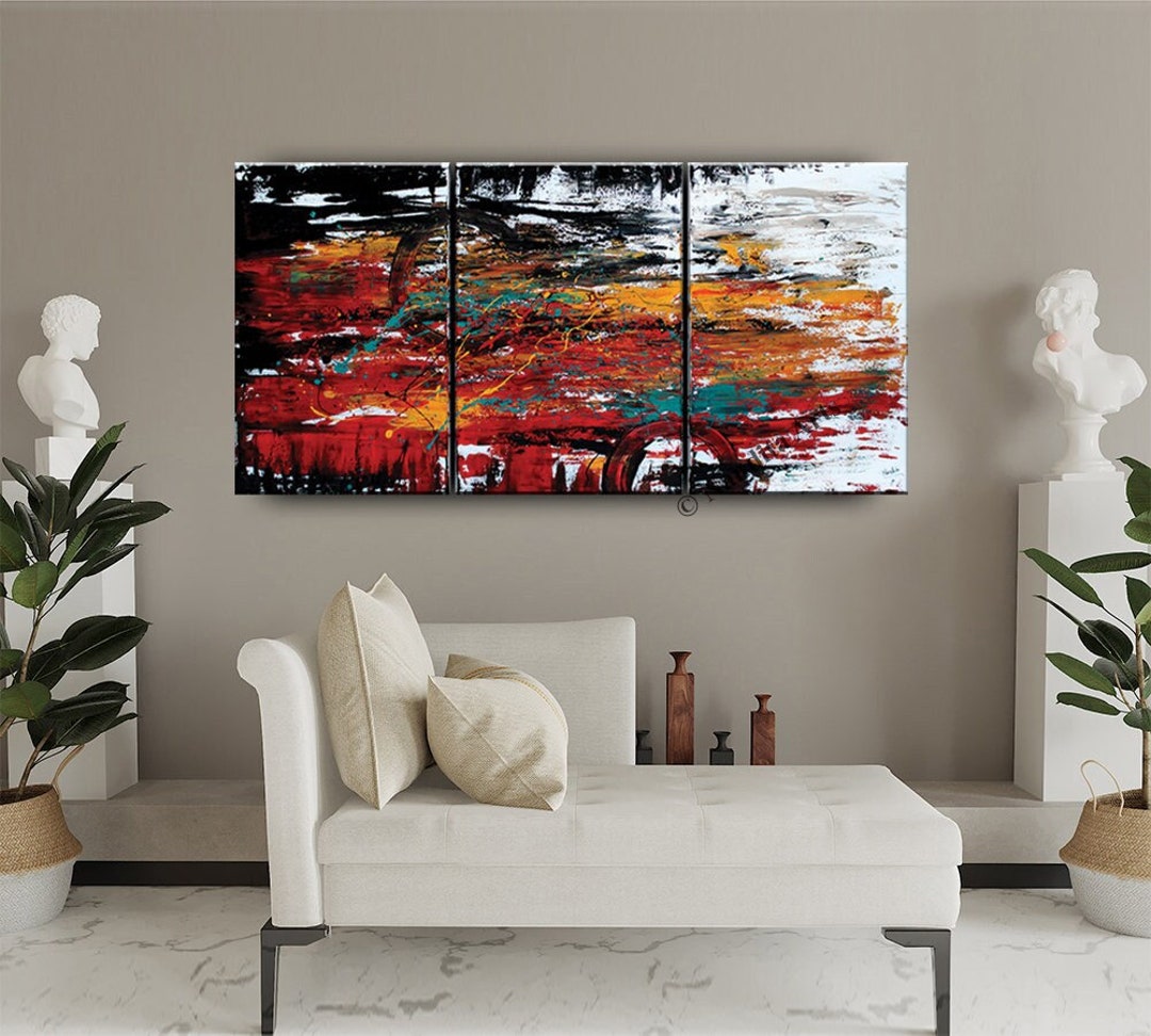 Red Abstract Painting on Canvas: 72x36" Triptych, Modern Wall Art - Etsy