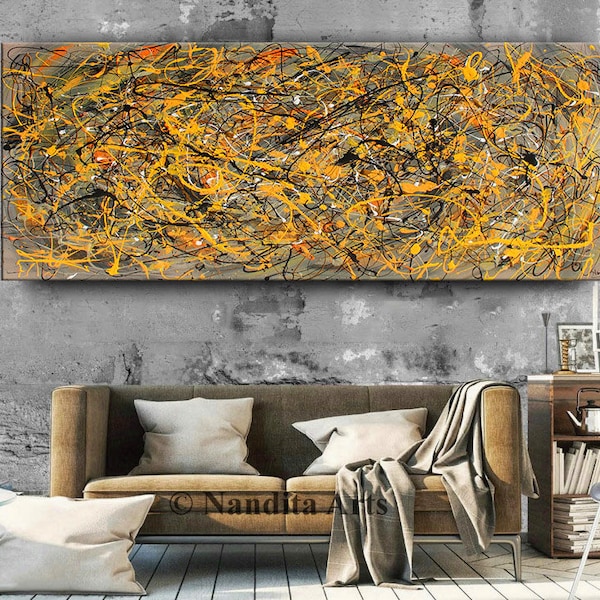 Large Jackson Pollock Style Abstract Painting: 96" Blue & Gold Wall Art