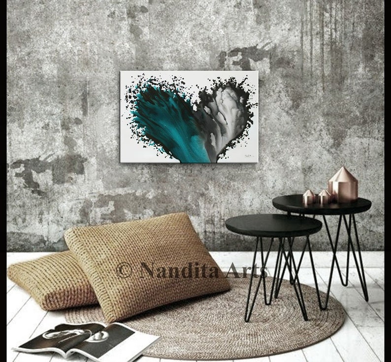 Large Wall Art Teal Abstract Painting on Canvas 36 Etsy