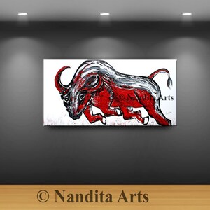 Red Bull Painting on Canvas, Animal Red Wildlife Farmhouse Decor, Handmade Acrylic Painting, by Nandita image 2