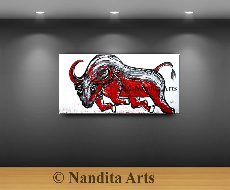 Red Bull Painting on Canvas, Animal Red Wildlife Farmhouse Decor, Handmade Acrylic Painting, by Nandita image 2