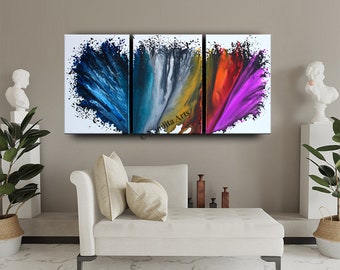 Blue Abstract Triptych Painting: 72" Modern Acrylic Canvas Wall Art