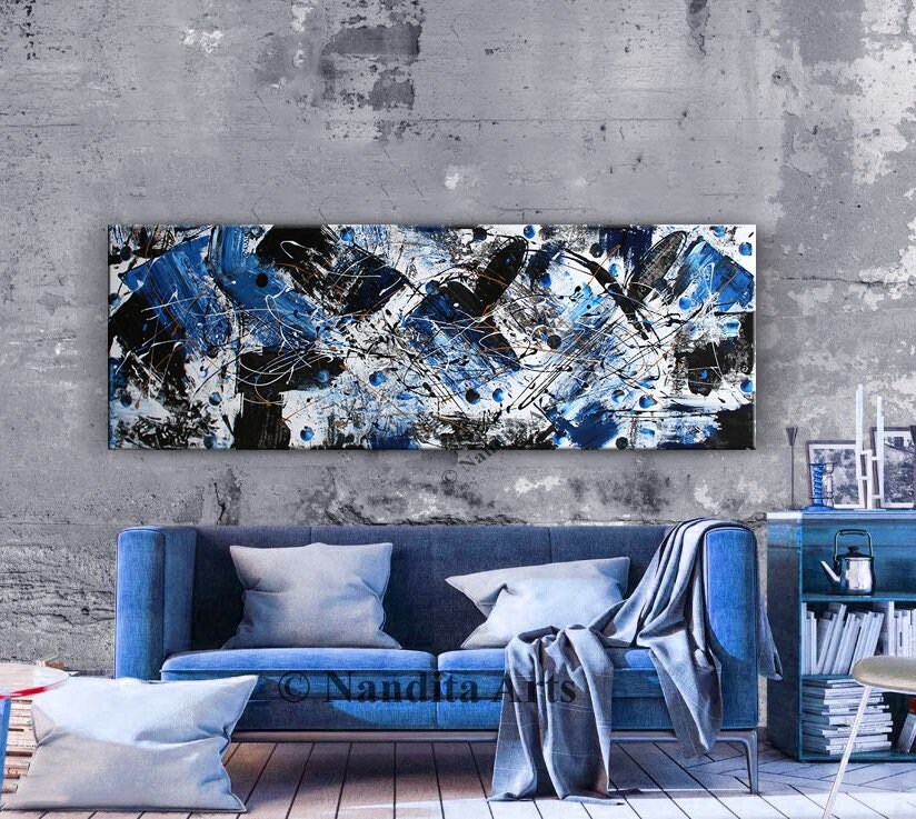 Large Blue Abstract Canvas Art: Modern Minimalist Painting by Nandita