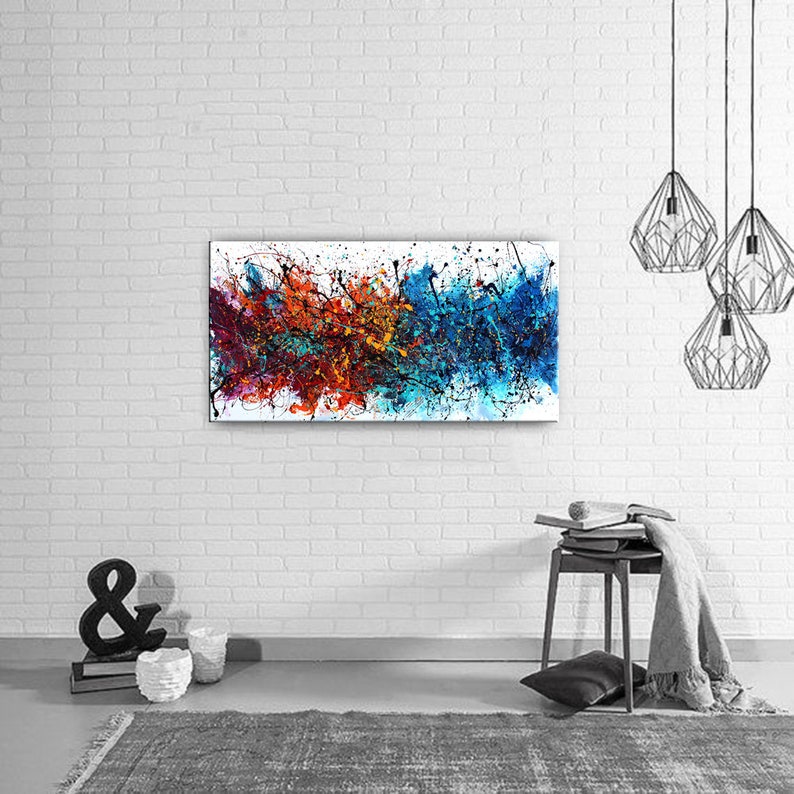 Acrylic Painting Jackson Pollock Abstract Painting on Canvas Handmade Blue Luxury Style Large Modern Wall Art Rustic Unique Living Room Art image 6