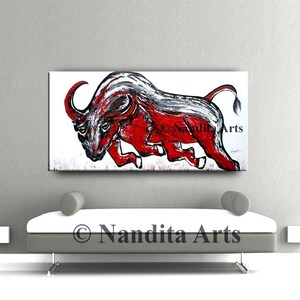 Red Bull Painting on Canvas, Animal Red Wildlife Farmhouse Decor, Handmade Acrylic Painting, by Nandita image 4