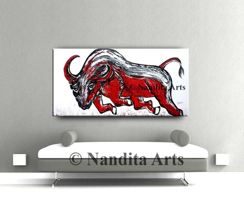 Red Bull Painting on Canvas, Animal Red Wildlife Farmhouse Decor, Handmade Acrylic Painting, by Nandita image 4