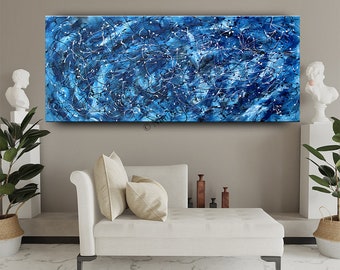 Blue Abstract Wall Art on Canvas, Jackson Pollock Style Modern Large Artwork Original Home Decor Gifts For Dad, Livingroom by Nandita