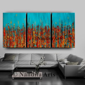 Abstract Red Blue Cityscape Painting on Canvas by Nandita 72 Skyline Art,Architecture City Painting, Modern Wall Art, Texture Artwork image 3