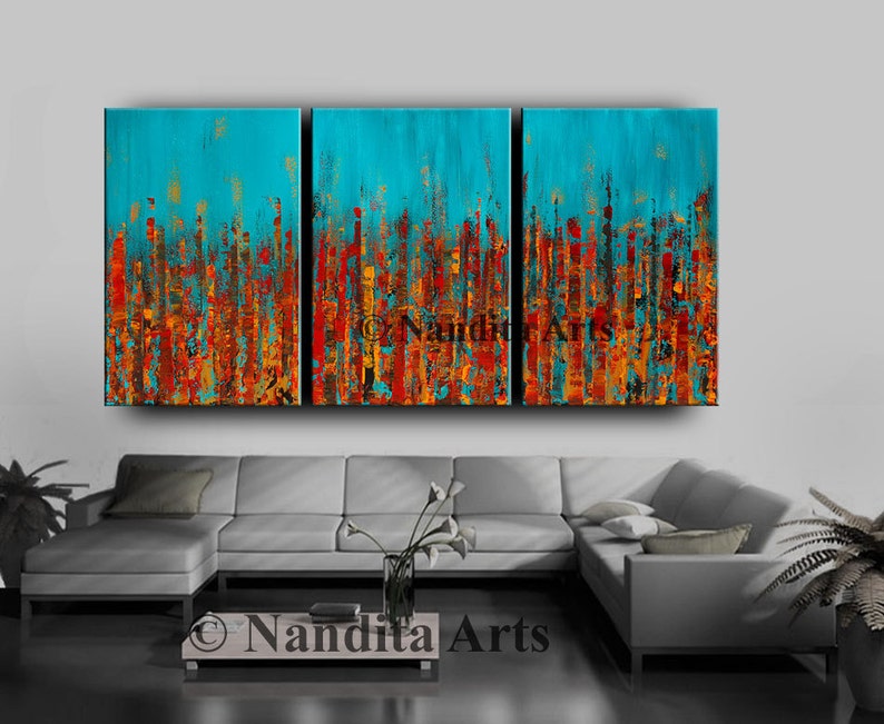 Abstract Red Blue Cityscape Painting on Canvas by Nandita 72 Skyline Art,Architecture City Painting, Modern Wall Art, Texture Artwork image 3