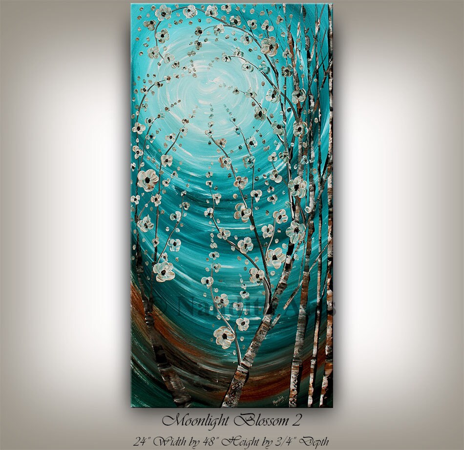 Abstract Teal Flower Wall Art Oil Painting Flower Tree Art Etsy