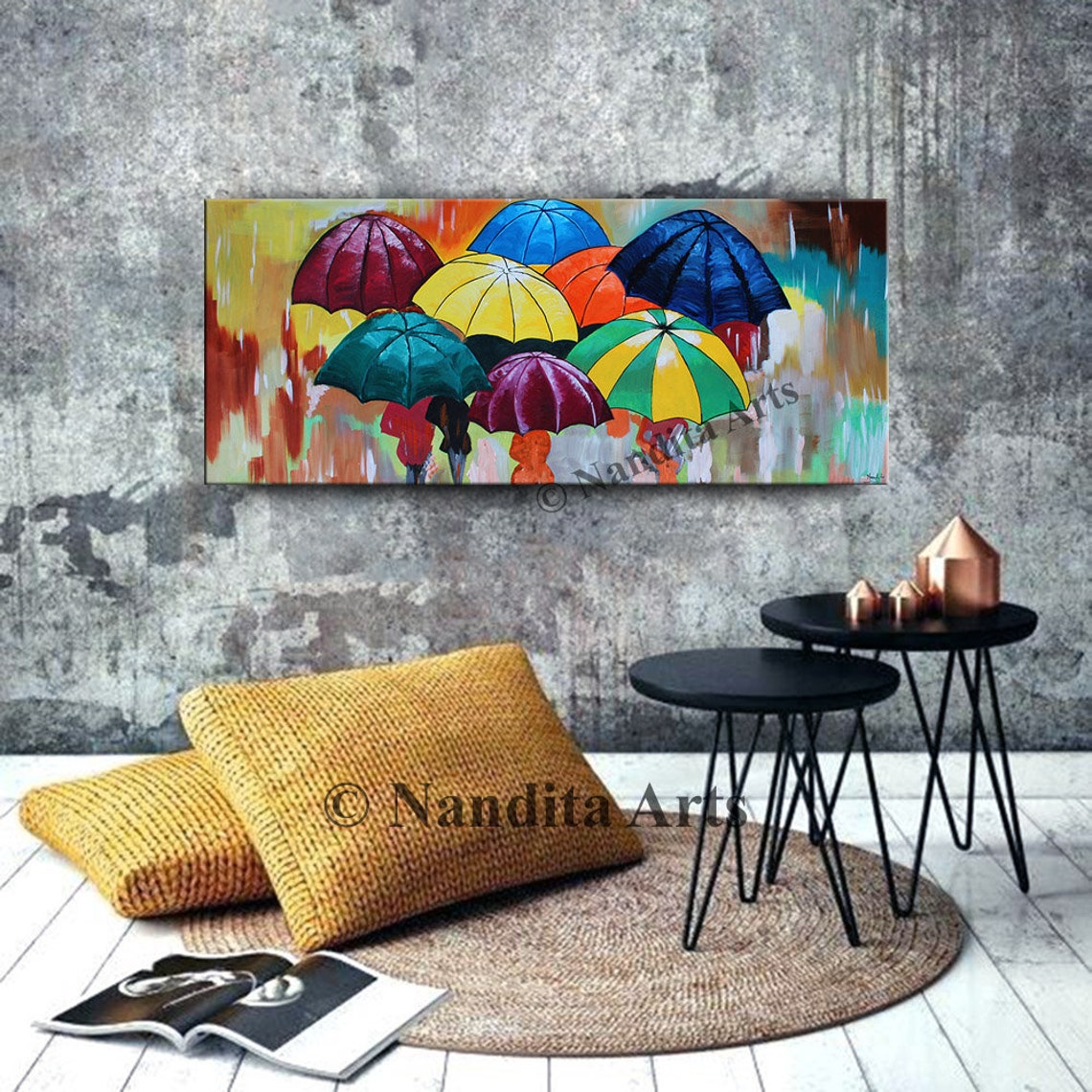 Colorful Umbrellas Art Painting Large People in the Rain Etsy