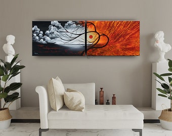 Red Tree Landscape Painting Set: Abstract Colorful Artwork
