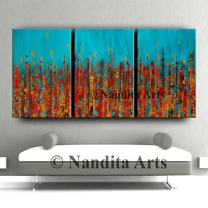 Abstract Red Blue Cityscape Painting on Canvas by Nandita 72 Skyline Art,Architecture City Painting, Modern Wall Art, Texture Artwork image 5