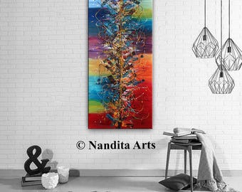 Abstract Rainbow Wall Art, Colorful Canvas Painting, Multicolor Decor, 66x30 Inch