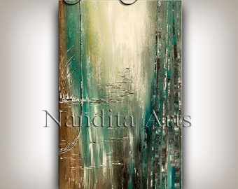 Turquoise Abstract Landscape Painting: Acrylic Canvas Wall Art (30x48 Unstretched)