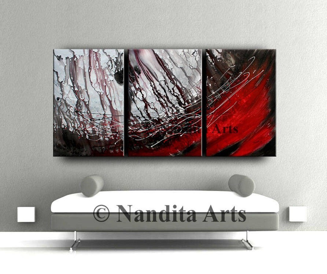 Red and Black Modern Wall Art on Canvas Set of 3 Panels by Nandita