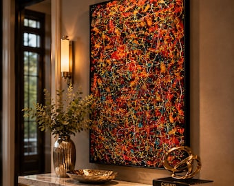 Jackson Pollock Style Abstract Oil Painting: Modern Vibrant Wall Art (108x48 Inch)