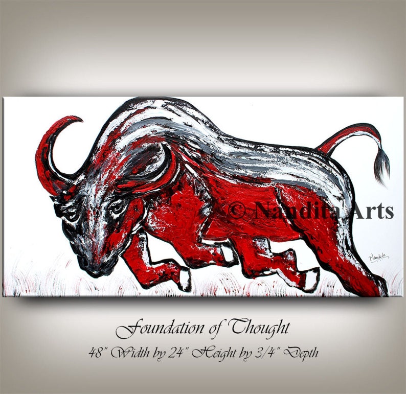 Red Bull Painting on Canvas, Animal Red Wildlife Farmhouse Decor, Handmade Acrylic Painting, by Nandita image 1