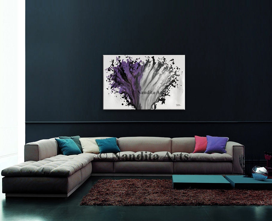 Purple and Grey Modern Painting Wall Art Magenta Abstract Home