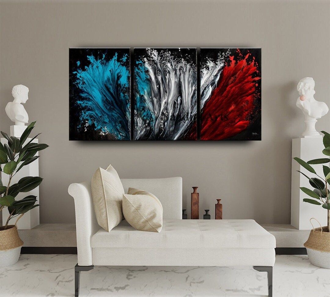 3 Panels Red and Blue Wall Art - Modern Abstract Canvas Home Decor ...