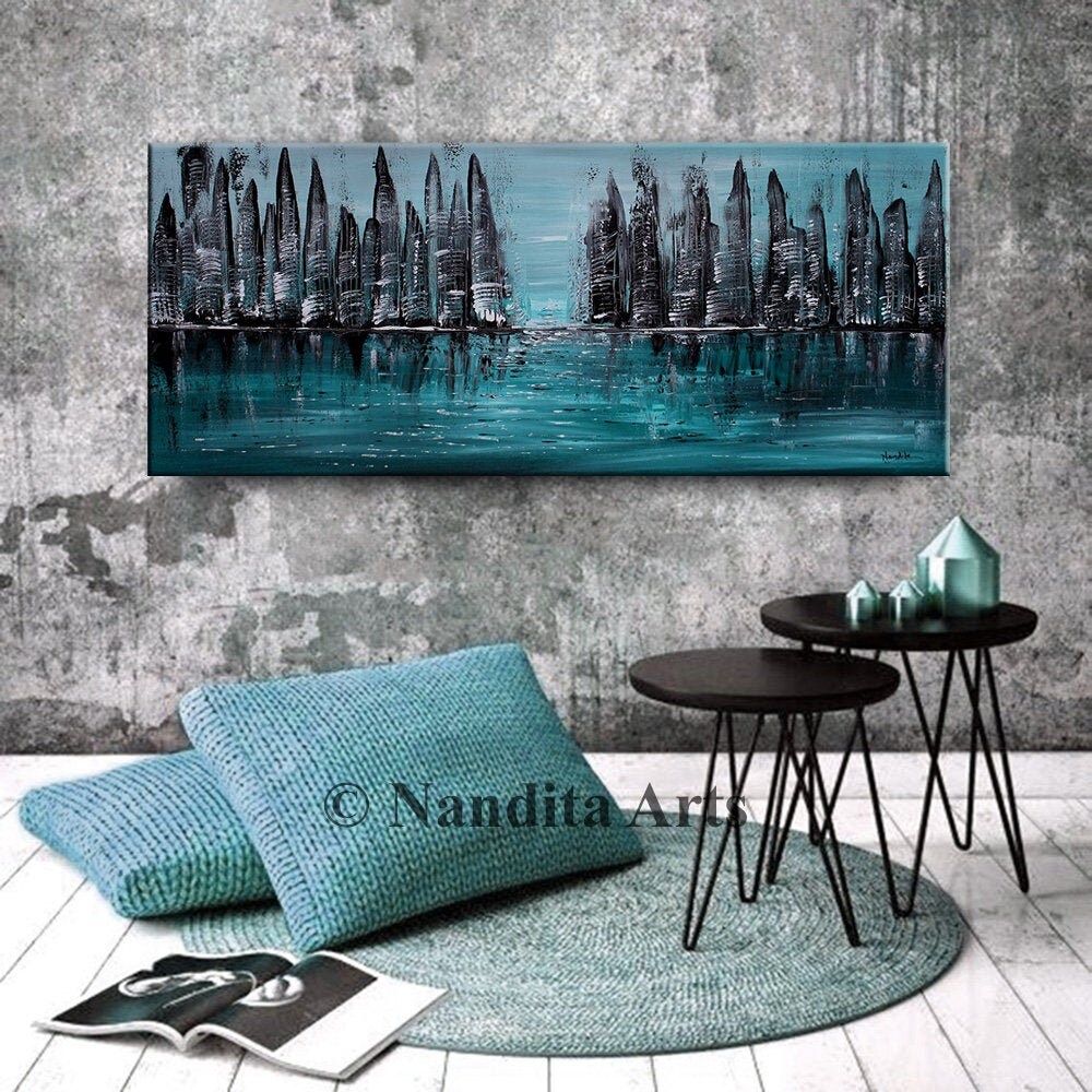 PAISAJE URBANO PINTURA Verde Azulado Arte abstracto de la | Etsy