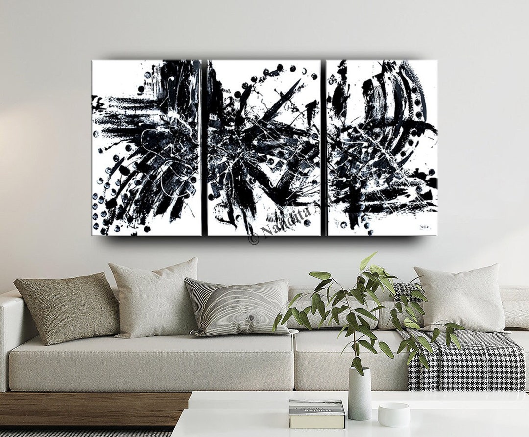 Black White Gray Abstract Modern Wall Art Framed 72 Etsy