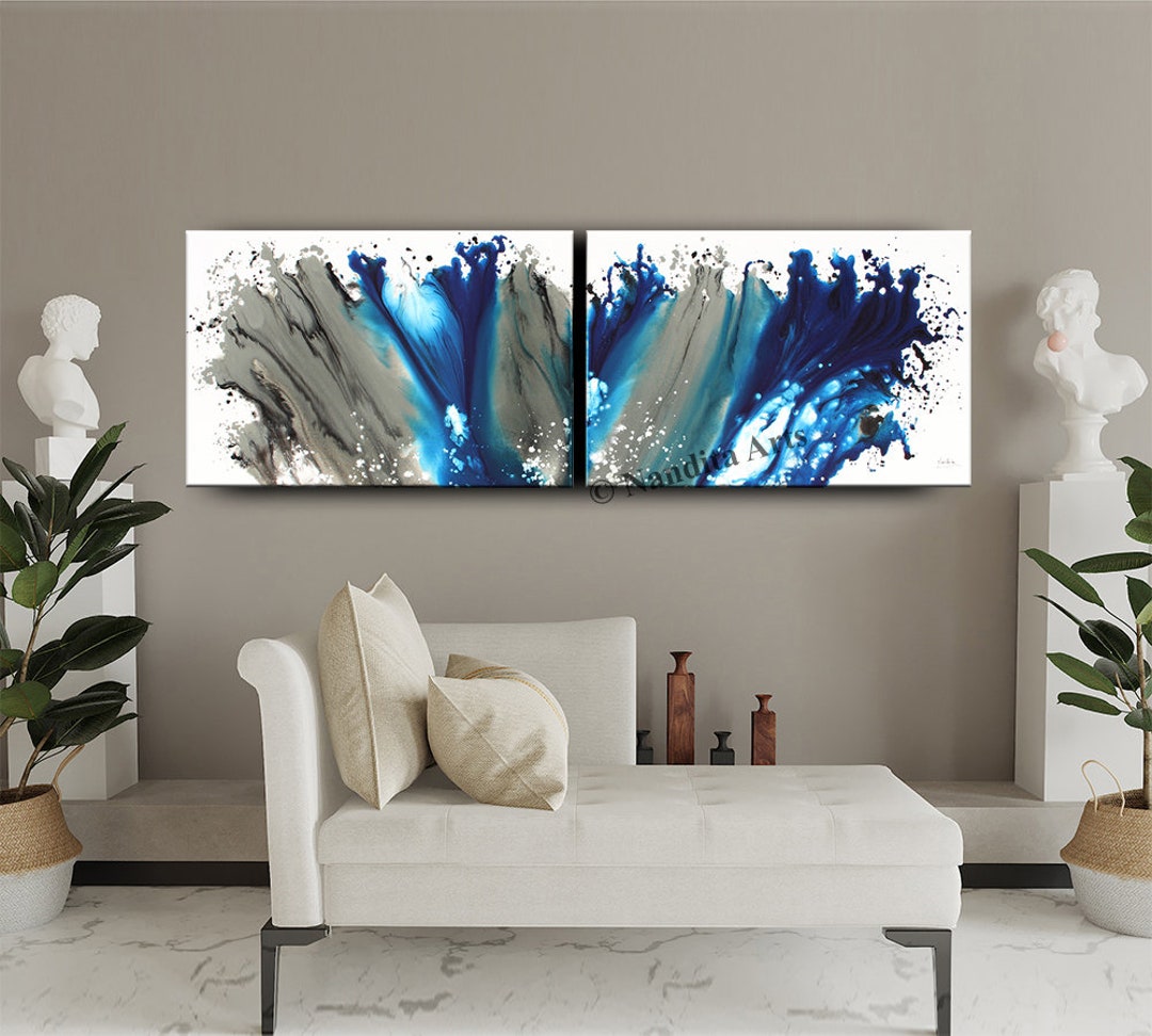 Set of 2 Panels Blue Modern Wall Art Home Décor, Large Gray Painting