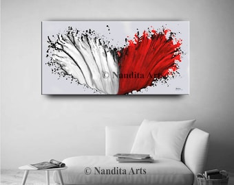 Large Red & White Abstract Oil Painting: Modern Canvas Wall Art
