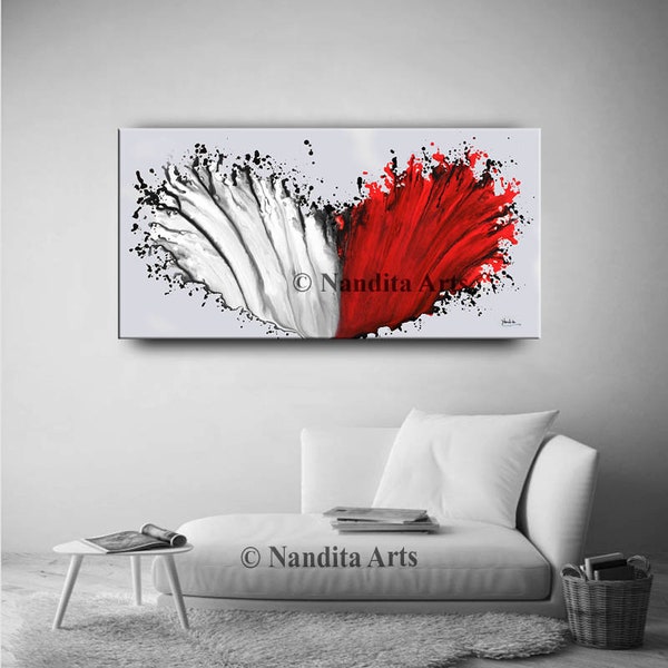 Large Red & White Abstract Oil Painting: Modern Canvas Wall Art