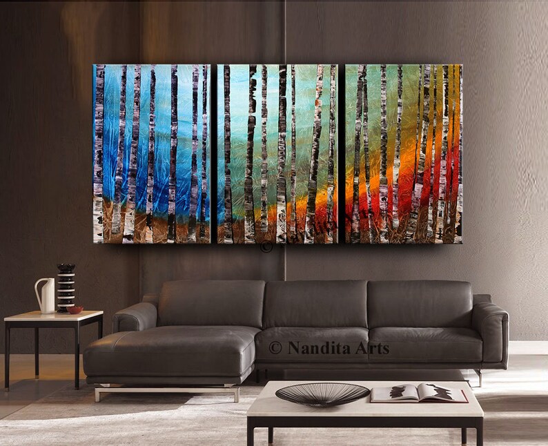 Birch Tree Painting Landscape Art Acrylic Nature Silent Forest Canvas Art Turquoise Teal Wall Art by Nandita Albright image 8