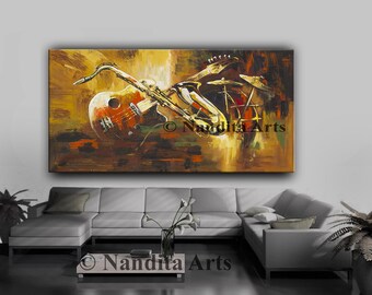 Stunning Hand-Painted Guitar Abstract Art - Perfect Gift - Musician Art on Canvas, Elegant Guitar, Saxophone, Drum Violin Art by Nandita