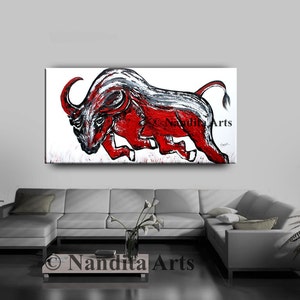 Red Bull Painting on Canvas, Animal Red Wildlife Farmhouse Decor, Handmade Acrylic Painting, by Nandita image 5