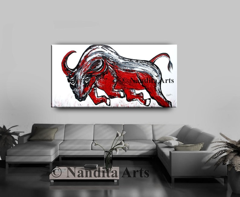 Red Bull Painting on Canvas, Animal Red Wildlife Farmhouse Decor, Handmade Acrylic Painting, by Nandita image 5