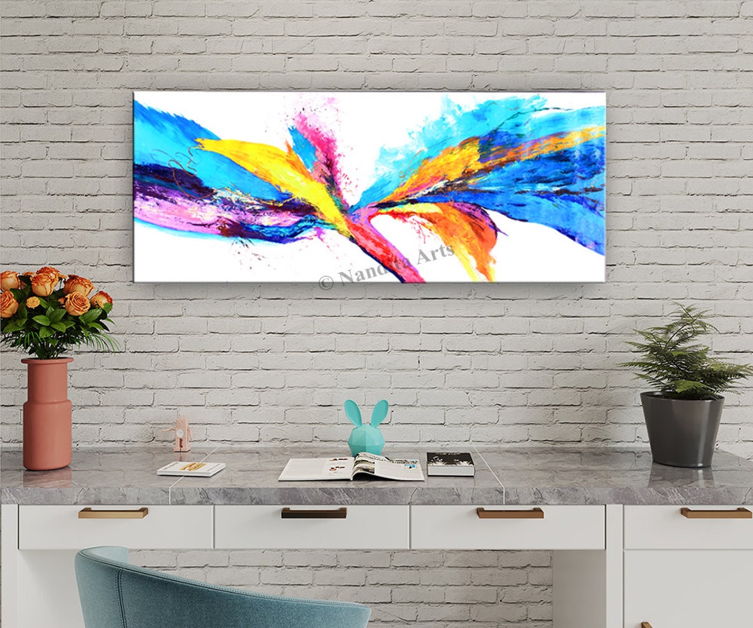 Abstract Blue Acrylic Painting on Canvas, Modern Wall Art Luxury Style