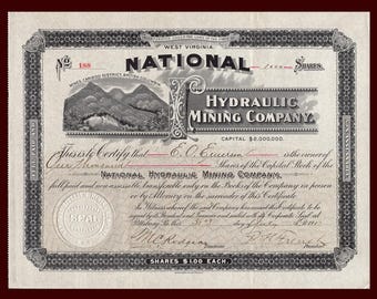 1901 BRITISH COLUMBIA National Hydraulic Mining Company Stock Certificate CANADA Cariboo District - Quesnel River - Original Ornate Document